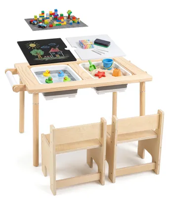 Produktbild von COSTWAY Kindertisch & Stuhl Set, Kindertische, Kindersitzgruppe mit Tischplatte, 2 Aufbewahrungsboxen, 2 Bausteinplatten, Papierrolle, 2 Haken
