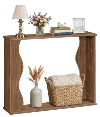 Immagine prodotto di Tavolino consolle stretto, dimensioni 100x24x80 cm, realizzato in pannello di legno, stile rustico, con bordi curvi