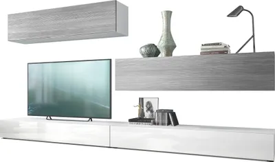 Produktbild von Vladon Wohnwand Nublo,  Germany, Anbauwand mit Rückwand mit 2 Klappen und 2 Sockelelementen, Korpus Weiß matt, Fronten Weiß Hochglanz und Avola-Anthrazit (280 x 147 x 39 cm)
