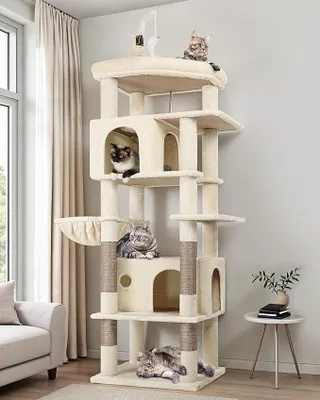 Productafbeelding van Kratzboom Beige, groot, 188 cm hoog, met 2 grote kattenhuizen, een groot bekleed platform, een zachte mand, pluchen kattenspeelgoed en een stabiele hoek voor grote katten om binnen te spelen (F74B, Beige)