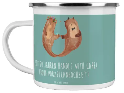 Produktbild von Mr. & Mrs. Panda Teetasse 20. Hochzeitstag Porzellanhochzeit - Meeresbrise - Geschenk, Heirat, Besondere Anlässe, Haferl, Geschenke, Emaille Tasse, Zweisamkeit, Pott