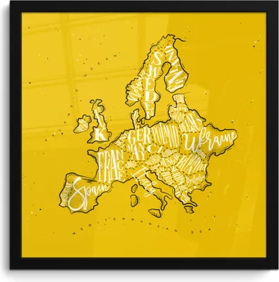 Produktbild von MuchoWow® MuchoWow® Gerahmtes Poster Karte - Europa - Gelb - Weiß 40x40 cm - Poster mit zchwarzem Bilderrahmen - Mit Rahmen - Wanddekoration Schlafzimmer