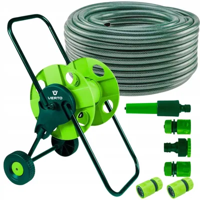 Produktbild von VERTO Schlauchwagen mit Schlauch 1/2" + Wasserspritze + 3x Schlauchverbinder, Wasserstop, Hahnverbinder - Gartenbewässerung Komplettes Starterset 30 m