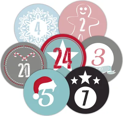 Produktbild von 24 Adventskalenderzahlen AUFKLEBER BUNT, Durchmesser 4 cm / Sticker, Weihnachten, Adventskalender, DIY Kalender
