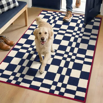 Productafbeelding van Antislip deurmat met schaakbordpatroon, blauw, wasbaar, 80x120 cm