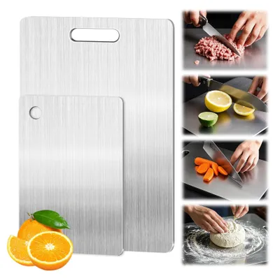 Productafbeelding van Omgoods- Snijplank Titanium - Dubbelzijdige Snijplank - Roestvrij Staal - Snijplankenset - Geschikt voor Vlees/Groenten/Fruit - Levensmiddelenkwaliteit - Keukenplank