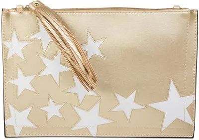 Produktbild von styleBREAKER Clutch mit Sterne Muster, Quasten Anhänger am Reißverschluss, Handschlaufe und Umhängegurt, Damen 02012075