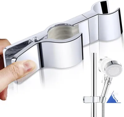 A hand is shown adjusting a chrome shower head holder on a shower rod, with a shower head attached.