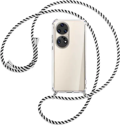Produktbild von Handykette Backcover-Schutzhülle mit Band (Metall silberfarben) für Huawei P50 Pro - schwarz/weiß gestreift