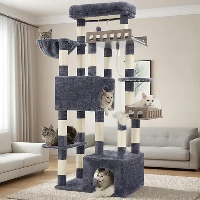 Productafbeelding van Grote krabpaal voor katten, geschikt voor grote, volwassen katten. 174 cm hoge krabpaal met hangmat, 2 grote zitstangen, 2 kattenholletjes, 15 krabpalen, kleur: rookgrijs, model: GCT033G