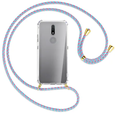 Produktbild von Handykette Backcover-Schutzhülle mit Band (Metall goldfarben) für Nokia 2.4 - pink/mint