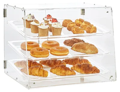 Productafbeelding van VEVOR 3-laags displayvitrine voor gebak, commerciële vitrine voor bakkerijen, 526 x 360 x 415 mm, bakkerijvitrine, acrylvitrine met toegang via een achterdeur en afneembare planken, geschikt voor donuts, bagels, taarten, koekjes, enz.