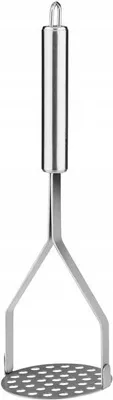 A stainless steel potato masher is shown against a white background.