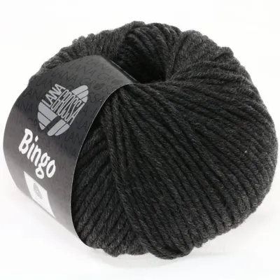 A ball of dark gray yarn on a white background.