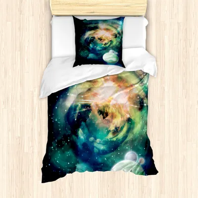 Produktbild von ABAKUHAUS Platz Mantele, Spiralarm und Planeten, Milbensicher Allergiker geeignet mit Kissenbezügen, 135 cm x 200 cm - 80 x 80 cm, Teal Blau Gelb