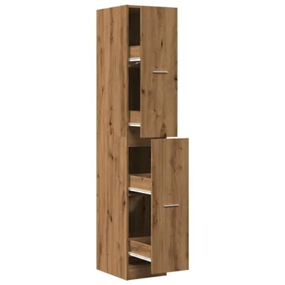 A tall, narrow cabinet with doors open to reveal shelves. The cabinet has a wood grain finish.