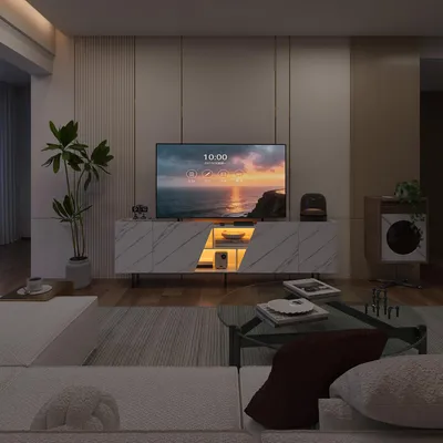 Obrázek produktu pro UnboxG TV skříňka 220 cm s mramorovým vzhledem, skříňka pod televizor s LED osvětlením, úložný prostor a otevřené přihrádky, moderní design, 220 × 34,5 × 67,7 cm