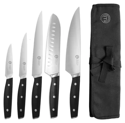 Productafbeelding van Koksmes Set met Koksmes, Santoku Mes, Vleesmes, Schilmess, Allroundmes en Mesrol