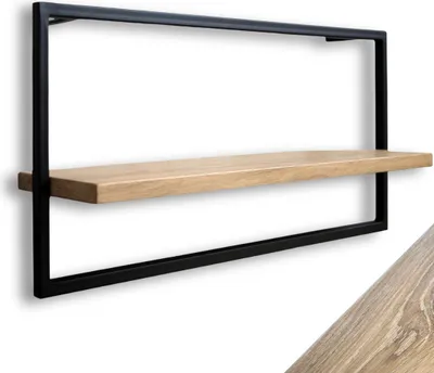 Produktbild von holz4home® Wandregal Long in schwarz gerahmt I Hochwertiges Eichenholz I 30x70x15cm I Ohne Baumkante, Hellgrau geölt I Inkl. Befestigungen Aus Stahl