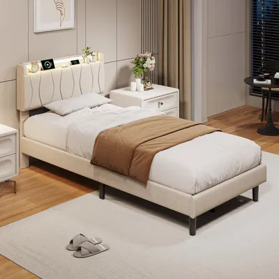 Immagine prodotto di Letto singolo UnboxG, 90x200 cm, con testiera imbottita in lino, illuminazione LED, prese USB e Type-C, spazio contenitivo e rete a doghe