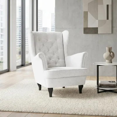 Produktbild von Ohrensessel mit Steppung, Sessel im Chesterfield Stil FALCO (Stoff: Raven 21 - Creme, Beinefarbe: Wenge)