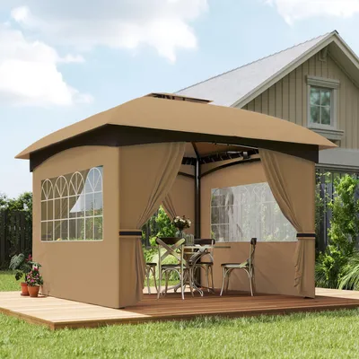 Zdjęcie produktu dla Altana ogrodowa Outsunny ok. 3,4x3,4 m, wodoodporna, 4-stronna, podwójny dach, namiot imprezowy z ochroną UV, z ocynkowanym metalowym stelażem, do ogrodu, kolor beżowy