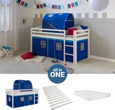 Produktbild von Homestyle4u Hochbett 90x200 mit Matratze Tunnel Vorhang blau Kinderbett Weiß Holz Kiefer Massiv Lattenrost