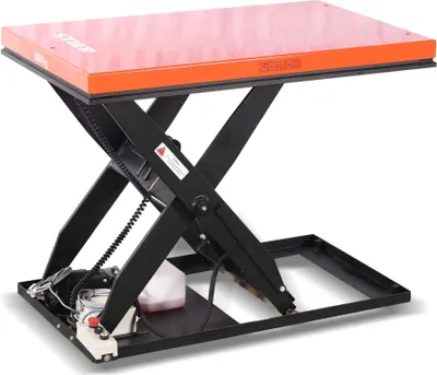 Produktbild von STIER Scheren-Hubtisch, 1000 kg Traglast, elektrisch, Max. Hubhöhe 1010 mm, Einfach-Schere, Plattform 1300x800 mm, wartungsfreundlich, Sicherheit durch Not-Aus-Schalter