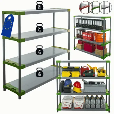 Produktbild von MODO24 Kunststoffregal, 4 Ablagen, 70kg/Boden, Schwerlast, Steckregal, Lagerregal, Plastikregal, Werkstatt, 138x130x46?cm, Grün, JUPITER