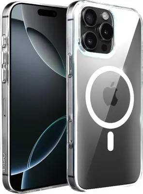 A clear protective case for an iPhone is shown, highlighting its MagSafe compatibility.