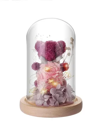Ewiger Rosenbär im Glas mit LED-Licht und Holzsockel, lila