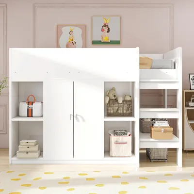 Immagine prodotto di Letto a castello a soppalco Merax 90x200 con armadio in legno di pino, letto in legno con ripiano e scala, letto a soppalco per bambini con spazio di archiviazione, salvaspazio, sicuro e funzionale, bianco