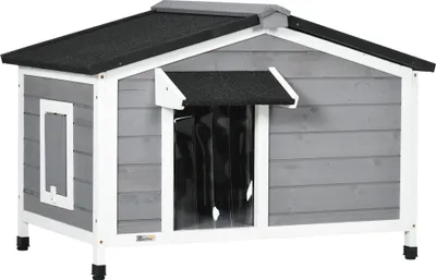 Produktbild von PawHut Outdoor-Hundehütte, Hundehütte aus Holz mit faltbarem Asphaltdach, 2 Fenstertüren mit Vorhang und abnehmbarem Boden, für drinnen und draußen, 97 x 72 x 65 cm, Grau