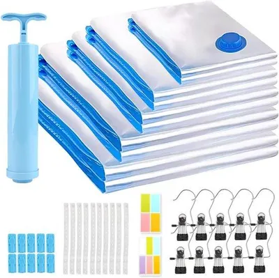 Image de Ensemble de sacs de conservation sous vide Ibenzoa® – 5 tailles (50×35, 60×40, 70×50, 80×60, 100×80 cm), en polyester, hermétiques, avec pompe manuelle incluse. Sacs de compression pour linge de lit et vêtements
