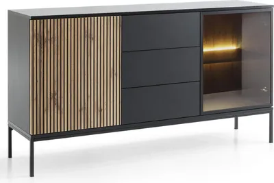 Produktbild von Kommode Lagos 154 cm 2D3SZ – moderne LED-Kommode mit Glasfront, Metallfüßen und Push-to-Open-System, Eiche Wotan/Schwarz