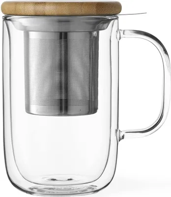 Produktbild von Theekop Thermoglas Doppelwandig Glas - mit Sieb und Bambusdeckel - 0,5 Liter Doppelwandige Teegläser