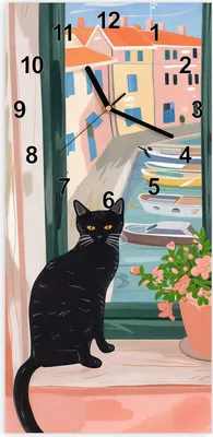 Produktbild von Wanduhr aus Glas mit Motiv Katze am Fenster- 30 x 60 cm - inkl. Aufhängesystem
