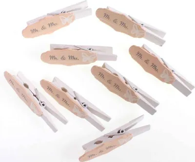 Produktbild von 8 Zwicker 7cm Wäscheklammer Holz Deko Klammmer Tischkartenhalter Hochzeit Spruch, Ausf:creme-Mr. & Mrs.
