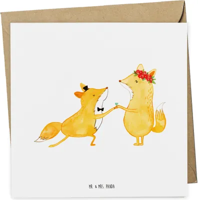 Produktbild von Mr. & Mrs. Panda Glückwunschkarte Füchse Hochzeit - Weiß - Geschenk, faltkarte, doppelkarte, Klappkarte, Grußkarte, anlasskarte