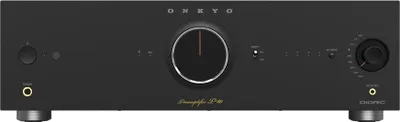 Front view of a black Onkyo P-80 network pre-amplifier.