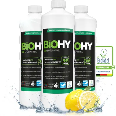 Produktbild von BiOHY Spülmittel Plus, Geschirrspülmittel, Handspülmittel, Eco Label – 3er Pack (3 x 1 Liter Flasche)