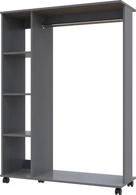 A grey wardrobe organizer with shelves and a hanging rod, shown against a white background.