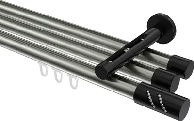 Produktbild von Interdeco Innenlaufstange / Gardinenstange mit Innenlauf Edelstahl-Optik / Schwarz, Typ Siteno Zoena (Glitzerzylinder), 20 mm Ø 3-läufig, 240 cm