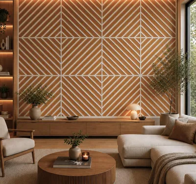Produktbild von 3D Wandpaneel Holzoptik Lamellenwand Wandverkleidung Japandi Skandi 50x50 cm