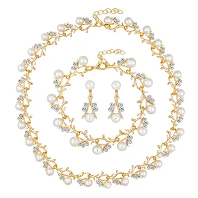 Produktbild von Frauen Braut Faux Perle Strass Halskette Ohrstecker Armband Schmuck-Set-Silber