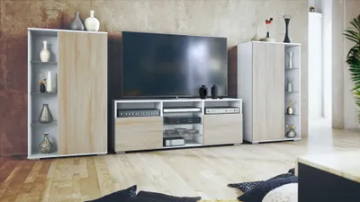Produktbild von Vladon Wohnwand Davos, Anbauwand bestehend aus 2 Vitrinen und 1 TV-Board, Weiß matt/Eiche sägerau (329 x 134 x 35 cm)