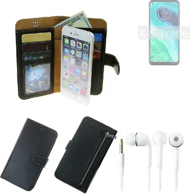 Produktbild von TOP SET Handy Hülle Schutz Hülle kompatibel mit Motorola Moto G8  schwarz aus Kunstleder + Kopfhörer Smartphone Tasche vollwertige Geldbörse
