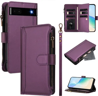 Image de Étui pour Google Pixel 6A, étui à fermeture éclair en cuirPolyuréthaneavec pochettes pour cartes, support et boucle pour les mains Violet