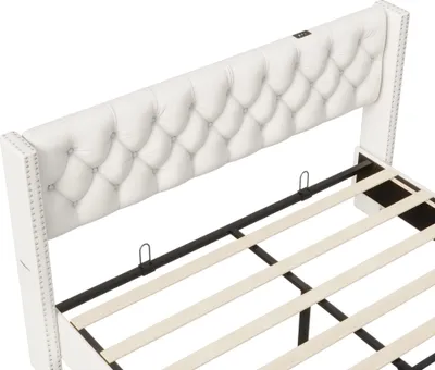 Obrázek produktu pro CDGlobal čalouněná postel 180x200cm se zásuvkou, postel s úložným prostorem a lamelovým roštem, manželská postel s led/USB a úložným čelem, úložné lůžko pro mládež, samet, béžová barva