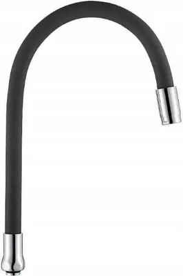 A black flexible spout for a sink faucet with silver fittings at the top and bottom.